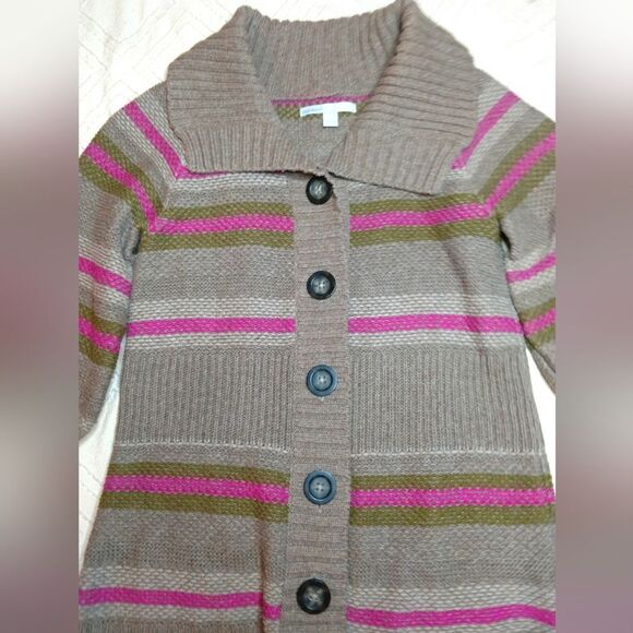 Old Navy Sweaters - Old Navy 3/4 Sleeve Button Knit Cardigan w/ Collar, Small Taupe, fuchsia &olive